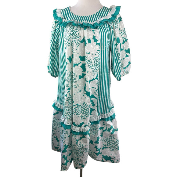 Vintage Tori Richard Floral Striped Muu Muu Ruffled Dress Green White Medium - Picture 2 of 16